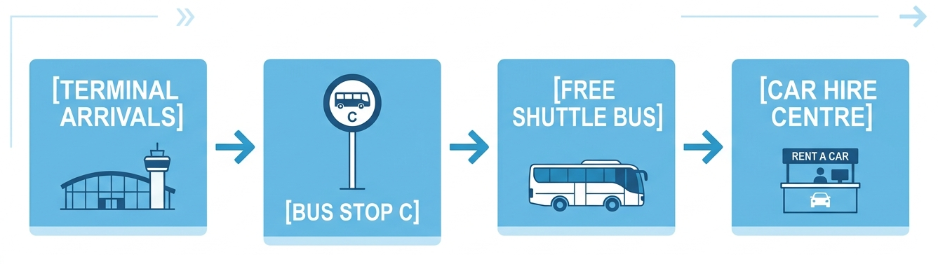 Route diagram showing path from Luton Airport Arrivals to Bus Stop C to free shuttle to Car Hire Centre